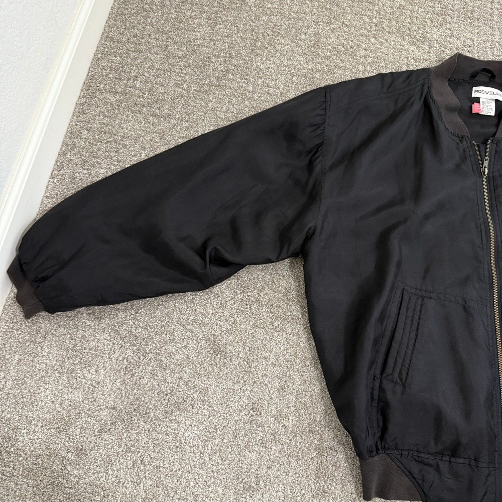 Vintage Black Silk Bomber Jacket Men's Large Zip Front Ribbed Cuffs Roevelle - Picture 6 of 12